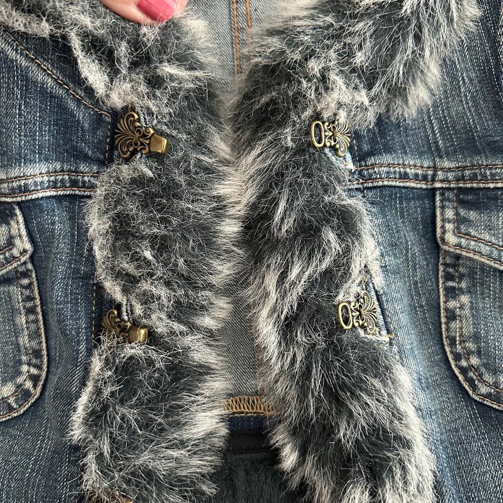 Vintage Y2K Guess Jeans Denim Vest With Faux Fur Trim Size Large - Picture 8 of 16